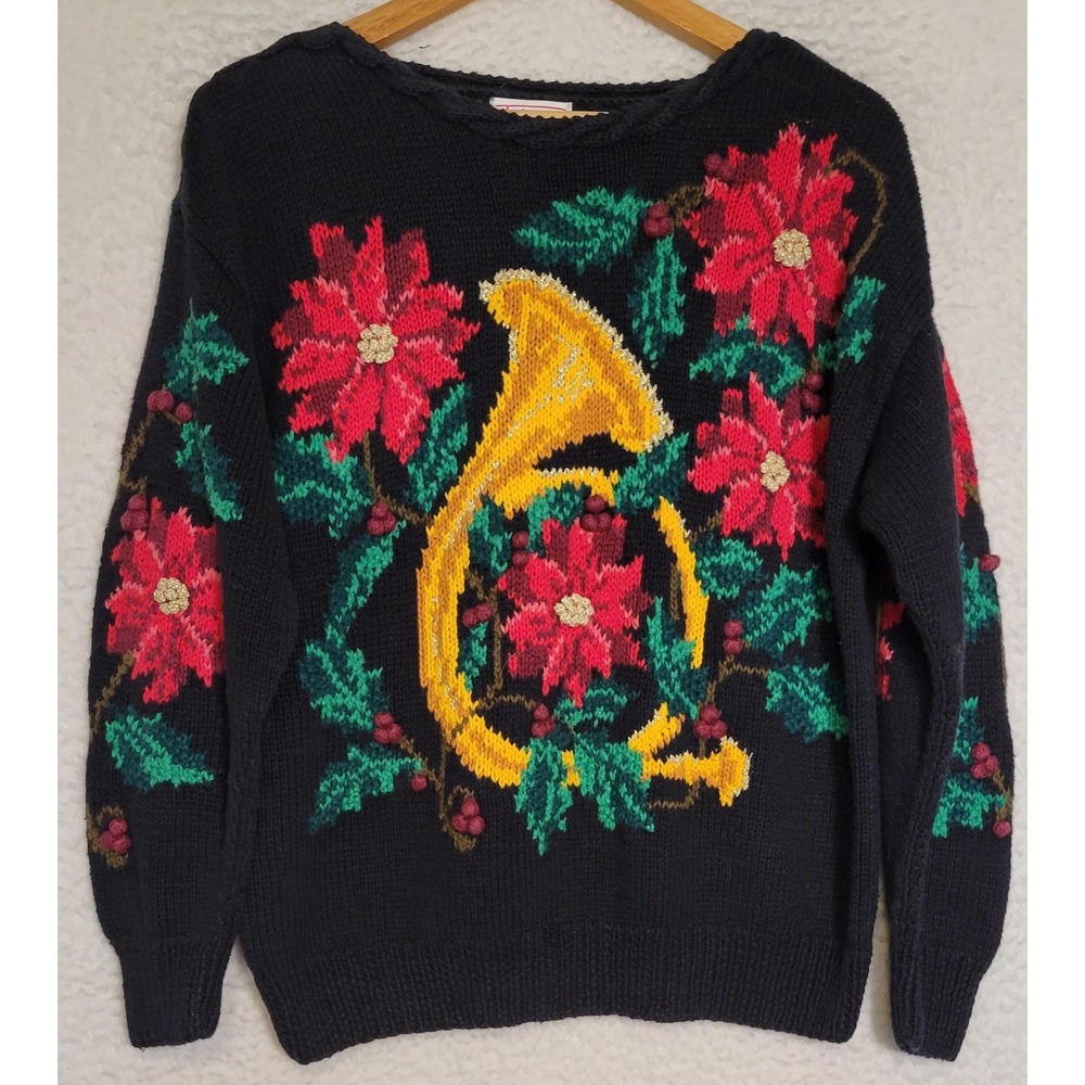 TALBOTS Womens Christmas Sweater Size L Pointsetta Pullover Black 1536